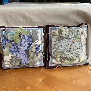 2 Vinatge Grape Pattern Handmade Needle Point cross stitch Pillows Loie velvet